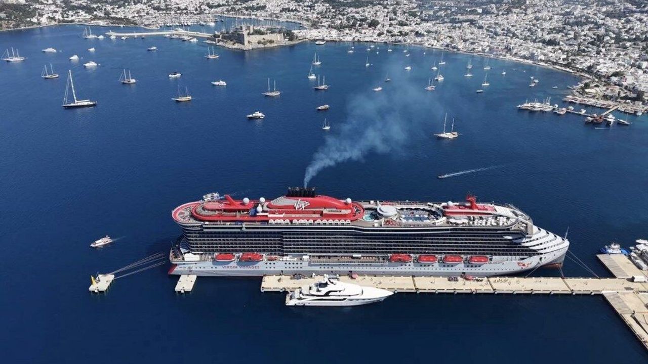 Giant cruise ship Scarlet Lady docked at Bodrum